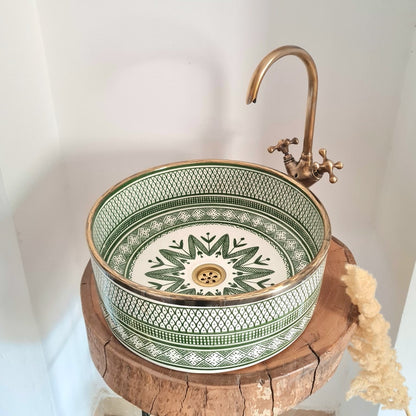 Hand-Painted Moroccan Ceramic Vessel Sink with Brass Rim