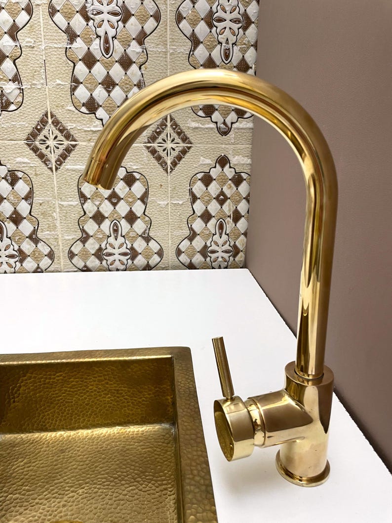Polished Brass Gooseneck Kitchen Faucet with Lever Handle