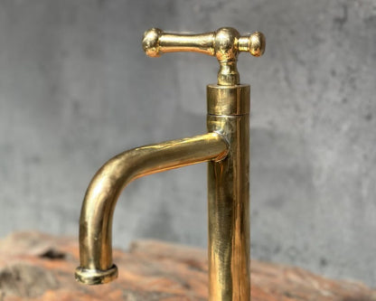 Vintage Brass T-Handle Faucet with Curved Spout