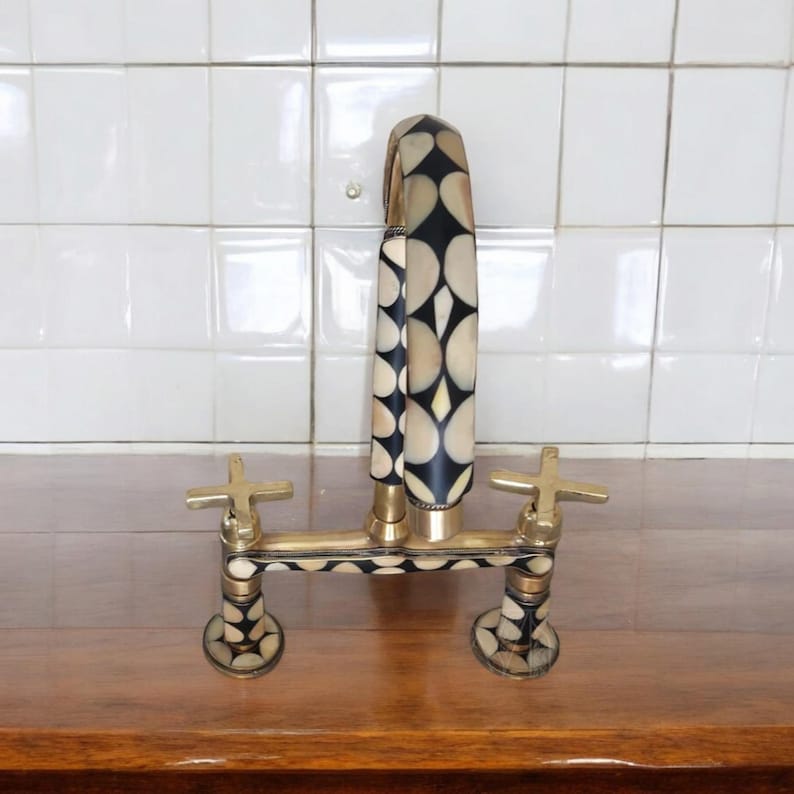 Mother of Pearl Inlay Brass Kitchen Faucet with Side Sprayer