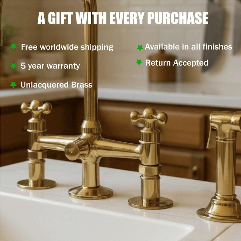 Unlacquered Brass Bridge Kitchen Faucet with Side Sprayer