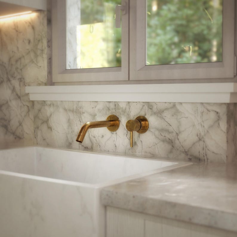 Unlacquered Brass Wall Mount Bathroom Faucet