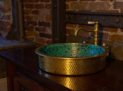 Turquoise Hammered Brass Vessel Sink with Gold Exterior