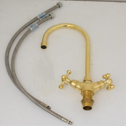 Tall Polished Brass Gooseneck Faucet with Cross Handles