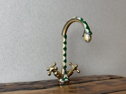 Green Inlay Brass Gooseneck Faucet with Cross Handles