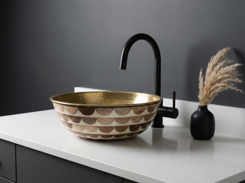 Moroccan Wood & Resin Inlay Vessel Sink with Brass Interior