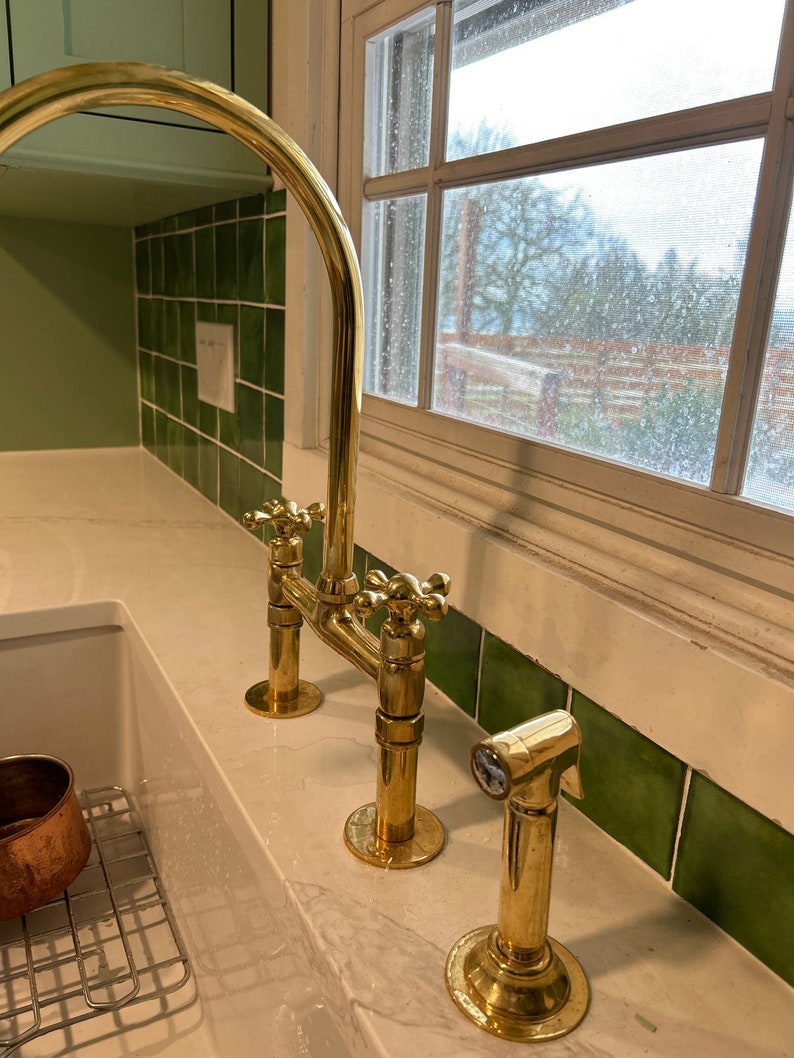 Unlacquered Brass Bridge Kitchen Faucet with Side Sprayer