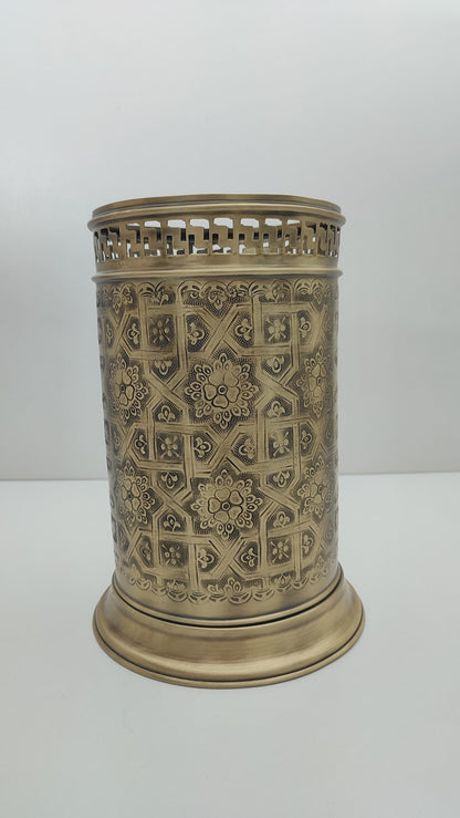 Handmade Solid Brass Wastebasket – Engraved Moroccan Bathroom Trash Can
