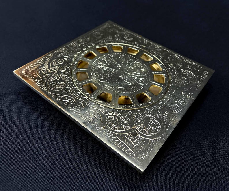 Engraved Solid Brass Square Floor Drain Cover – Ornate Moroccan Shower Drain Grate