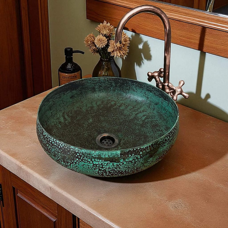 Hammered Green Patina Copper Vessel Sink