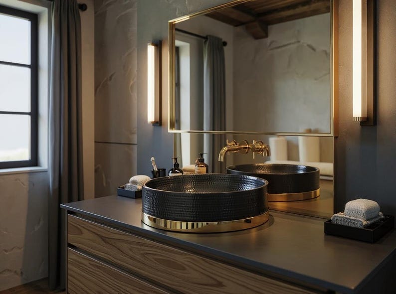 Matte Black Hammered Vessel Sink with Brass Base Ring