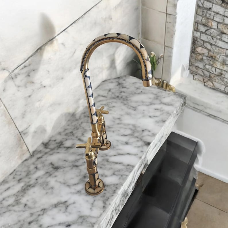 Mother of Pearl Inlay Brass Kitchen Faucet with Side Sprayer
