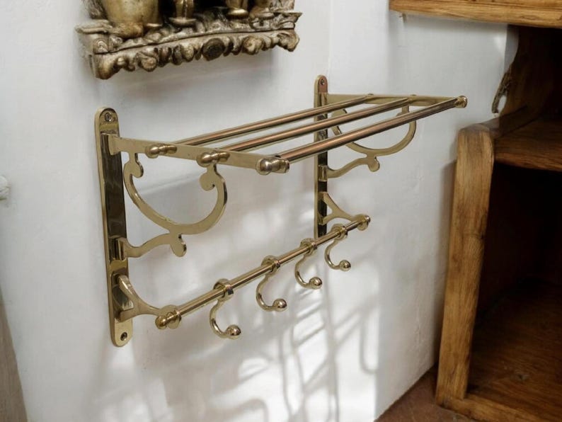 Handmade Solid Brass Wall Shelf with Hooks – Vintage Moroccan Bathroom & Entryway Rack