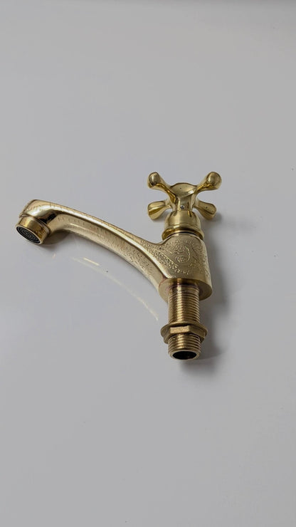Vintage Engraved Brass Bibcock Faucet with Cross Handle