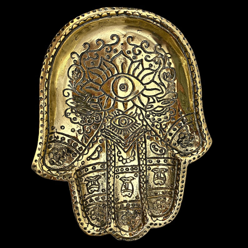 Handmade Brass Hamsa Hand Tray – Engraved Evil Eye Decorative Catchall Dish