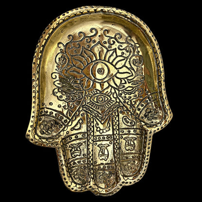 Handmade Brass Hamsa Hand Tray – Engraved Evil Eye Decorative Catchall Dish