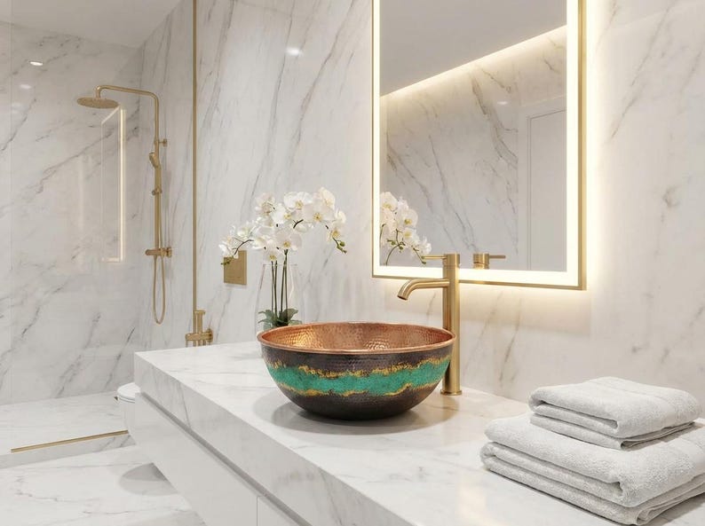 Hammered Copper Vessel Sink with Green Patina Accent