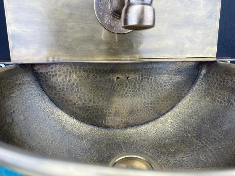 Hand-Hammered Moroccan Brass Sink with Deep Turquoise Verdigris Patina