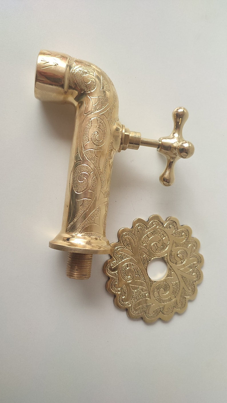 Hand-Engraved Polished Brass Wall Mount Faucet