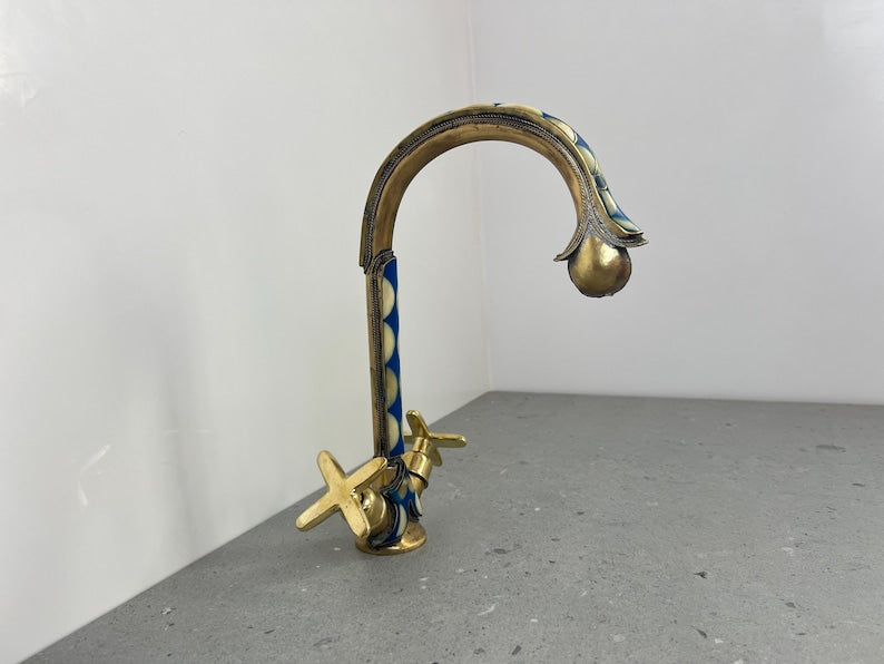 Blue Inlay Brass Gooseneck Faucet with Cross Handles
