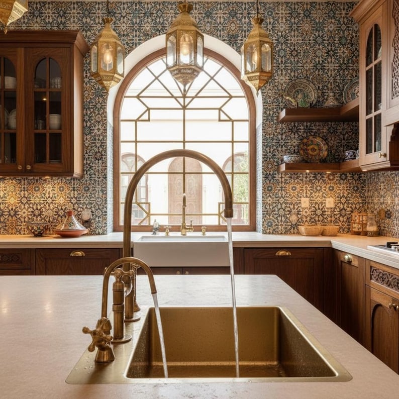 Moroccan-Style Unlacquered Brass Bridge Kitchen Faucet