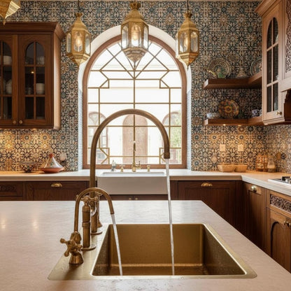 Moroccan-Style Unlacquered Brass Bridge Kitchen Faucet