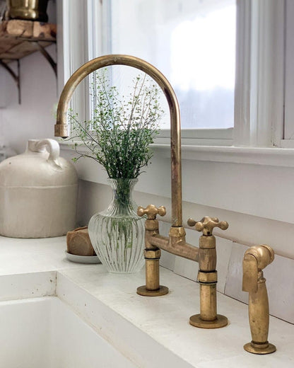 Unlacquered Brass Bridge Kitchen Faucet with Side Sprayer