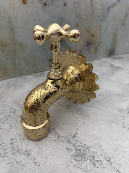 Hand-Engraved Polished Brass Wall Mount Faucet