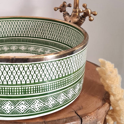 Hand-Painted Moroccan Ceramic Vessel Sink with Brass Rim