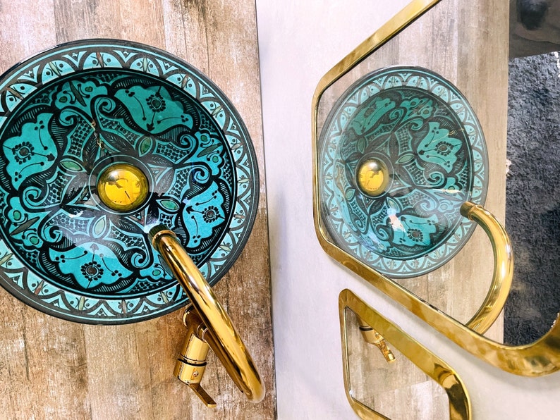 Hand-Painted Turquoise Moroccan Glass Vessel Sink