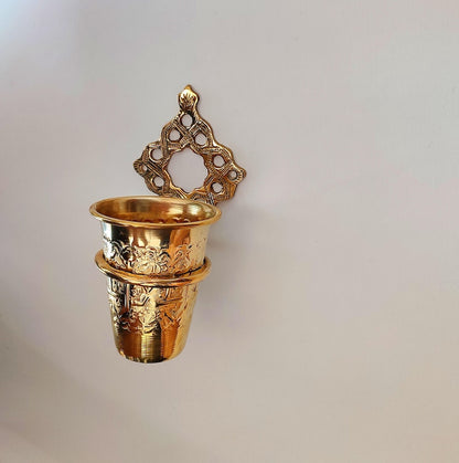 Handmade Solid Brass Toothbrush Holder – Engraved Moroccan Wall-Mounted Cup