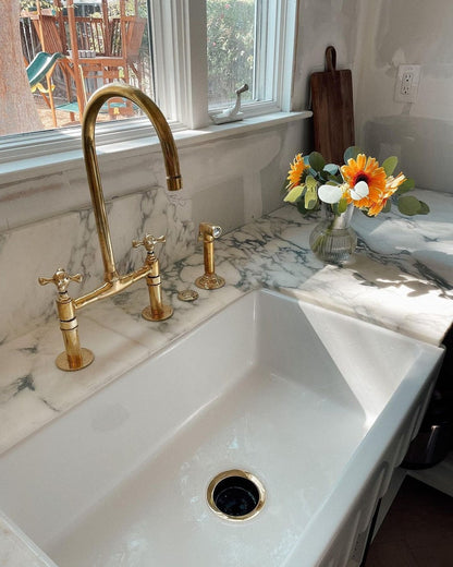 Unlacquered Brass Bridge Kitchen Faucet with Side Sprayer