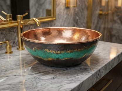 Hammered Copper Vessel Sink with Green Patina Accent