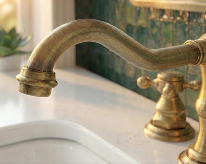 Widespread Unlacquered Brass Bathroom Faucet with Classic Cross Handles