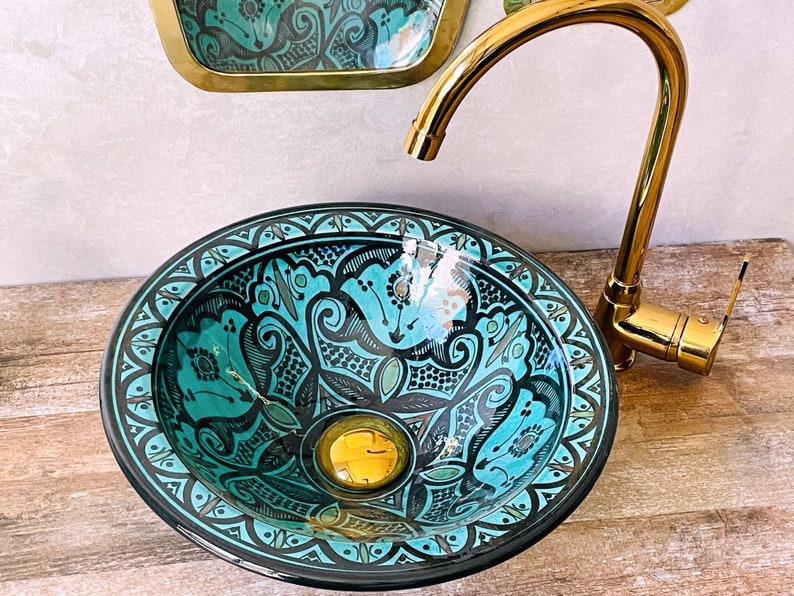 Hand-Painted Turquoise Moroccan Glass Vessel Sink