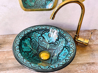 Hand-Painted Turquoise Moroccan Glass Vessel Sink