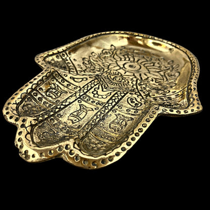 Handmade Brass Hamsa Hand Tray – Engraved Evil Eye Decorative Catchall Dish