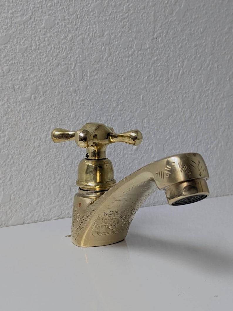 Vintage Engraved Brass Bibcock Faucet with Cross Handle
