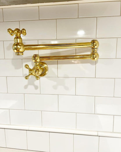 Rustic Wooden Range Hood with Brass Pot Filler
