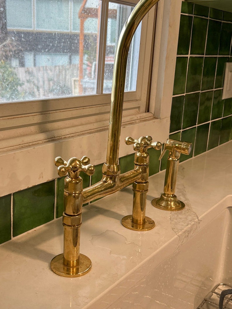 Unlacquered Brass Bridge Kitchen Faucet with Side Sprayer