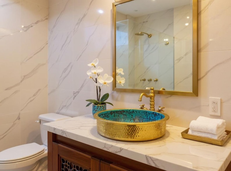 Turquoise Hammered Brass Vessel Sink with Gold Exterior