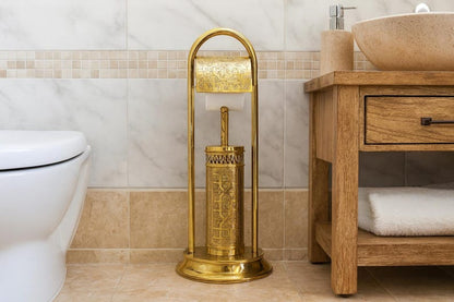 Handmade Solid Brass Toilet Paper Holder with Stand – Moroccan Engraved Freestanding Bathroom Accessory