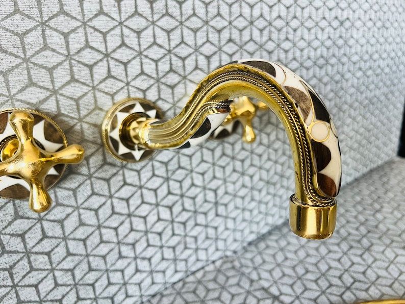 Moroccan Inlay Vessel Sink with Matching Mosaic Wall Mount Faucet