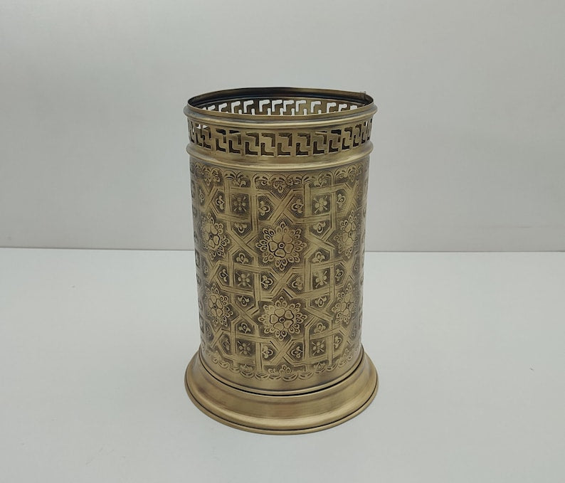 Handmade Solid Brass Wastebasket – Engraved Moroccan Bathroom Trash Can