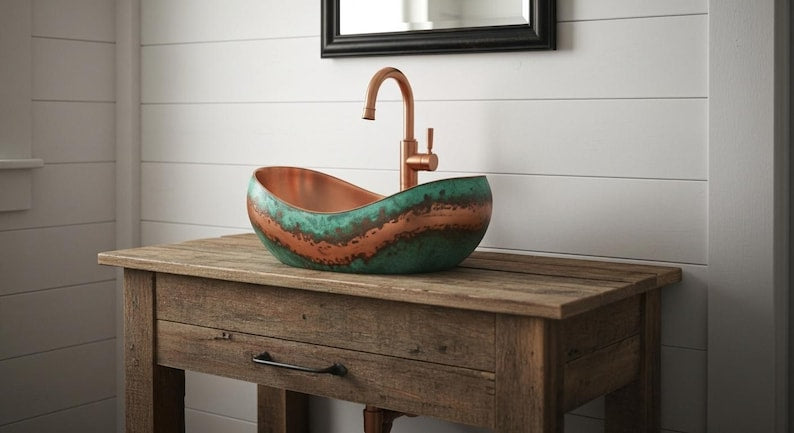 Modern Wave Two-Tone Patina Copper Vessel Sink