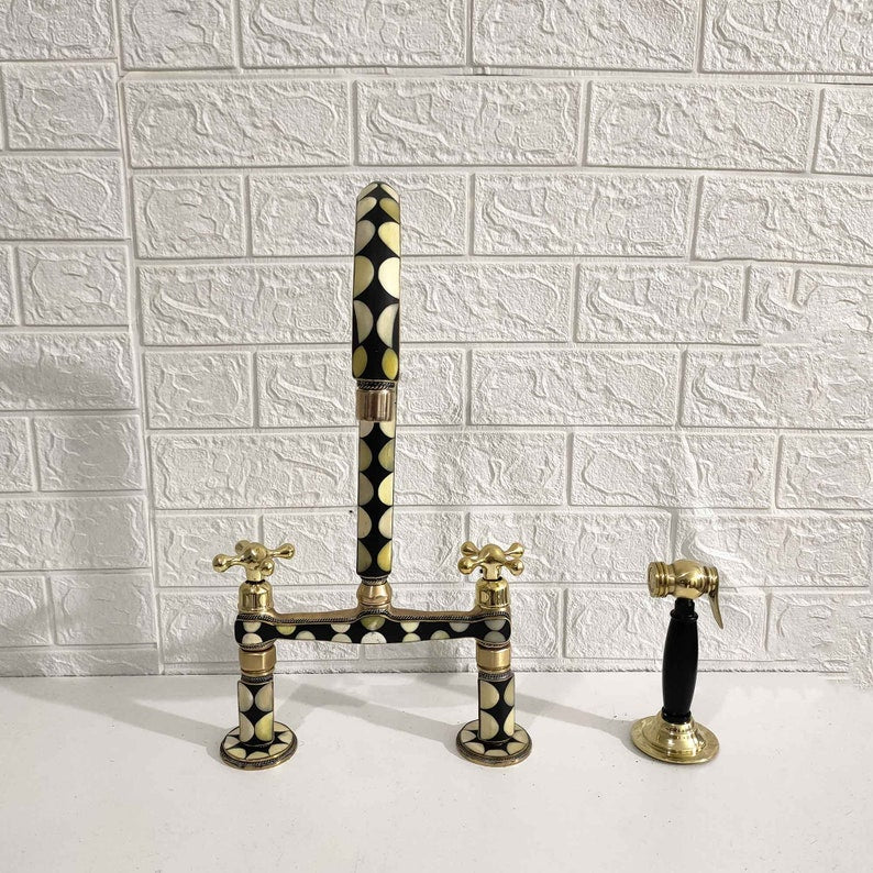 Mother of Pearl Inlay Brass Bridge Kitchen Faucet