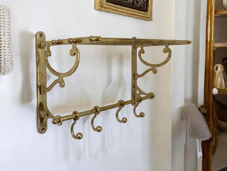 Handmade Solid Brass Wall Shelf with Hooks – Vintage Moroccan Bathroom & Entryway Rack