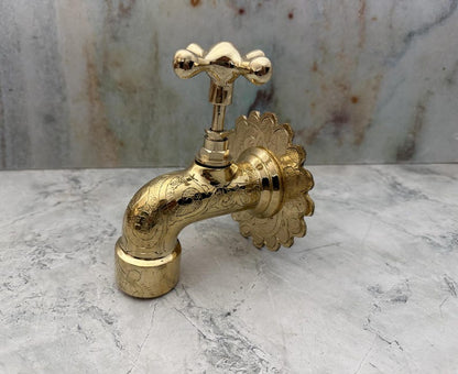 Hand-Engraved Polished Brass Wall Mount Faucet