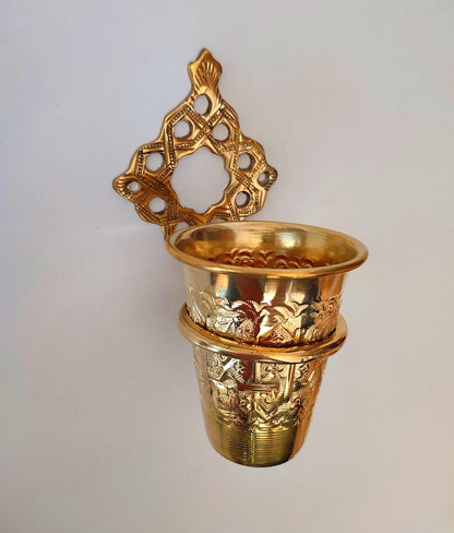 Handmade Solid Brass Toothbrush Holder – Engraved Moroccan Wall-Mounted Cup