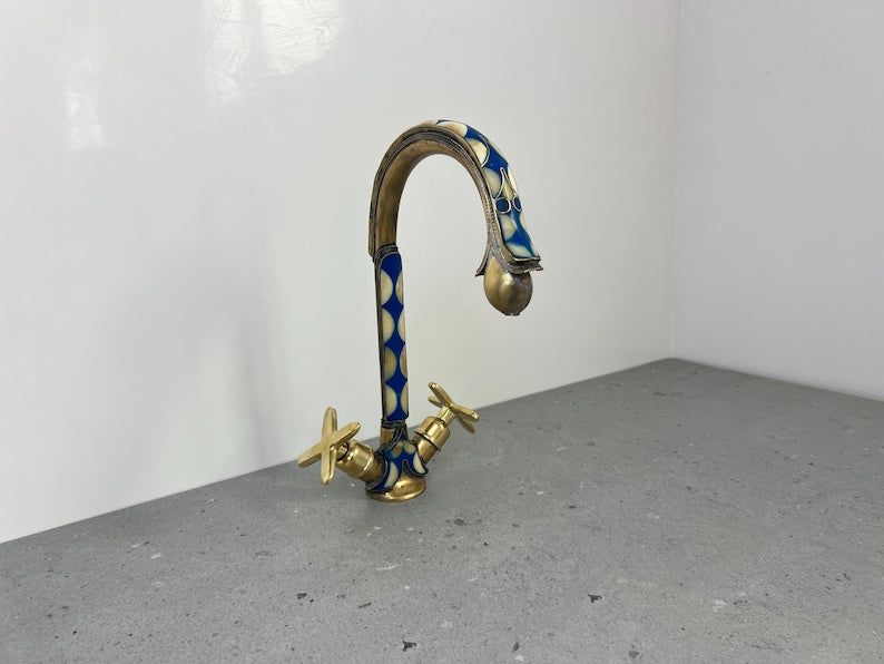 Blue Inlay Brass Gooseneck Faucet with Cross Handles